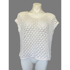 Movint  New York White Knit Crochet Sweater Top Short Sleeves Loose‎ Size Med